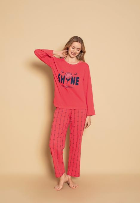 Pijama dama Serena-maneca lunga si pantalon lung, culoare coral ,Engros